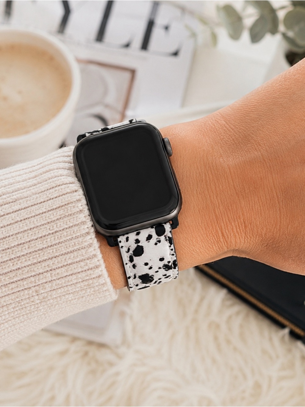 Apple Watch 44mm White Cow Print Faux Fur Watch Band